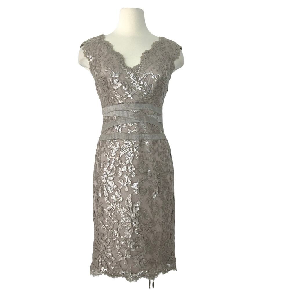 Tadashi Shoji Sequin Sheath Cocktail Party Sleeveless Mini Dress Silver Beige 4